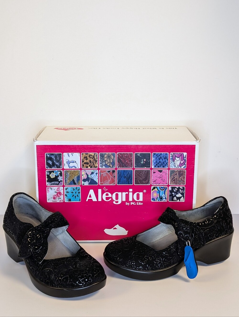 NIB Alegria Ella Black Sprigs Mary Jane Wedge Shoes 35